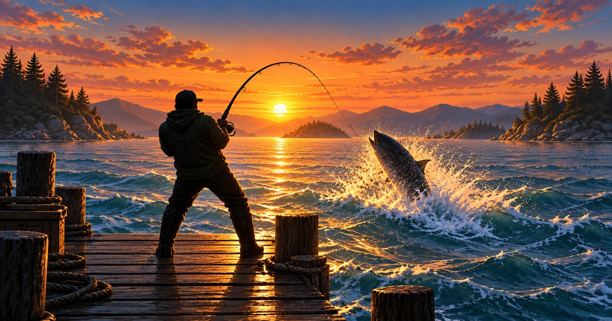 Wide key art: an angler on a dock at sunset