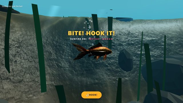 A Sunfire Koi takes the bait: the Hook button appears