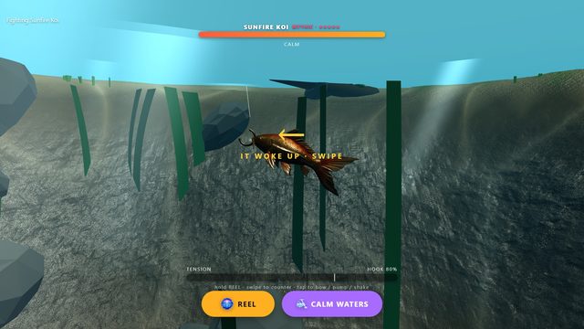 Mid-fight with the tension bar, the Reel and Calm Waters buttons and a swipe cue