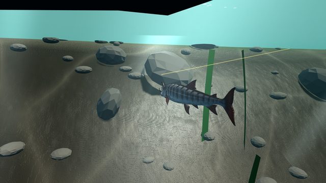 The Goliath Tigerfish on the line underwater in Stonebrook River