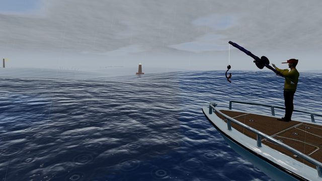 An angler fishing from the bow of a boat in a rainstorm