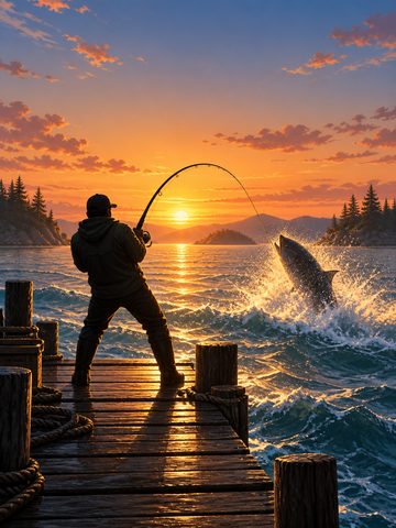 Key art: an angler on a dock at sunset with a fish leaping